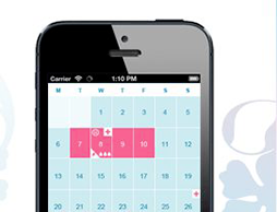 Imagem de um telemóvel que apresenta um calendário menstrual. A imagem ilustra o aspeto da aplicação Calendário menstrual o.b.®.