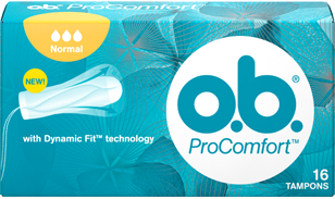 Imagem de uma embalagem de o.b.® ProComfort™ Normal. O produto tem três gotículas, que indicam que é recomendado para os dias de fluxo moderado a abundante.