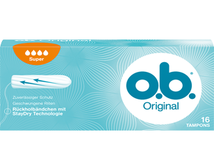 Imagem de uma embalagem de o.b.® Original Normal. O produto tem quatro gotículas, que indicam que é recomendado para os dias de fluxo moderado a abundante.