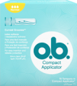 Imagem de uma embalagem de o.b.® Compact Normal com Aplicador. O produto tem três gotículas, que indicam que é recomendado para os dias de fluxo ligeiro a moderado.