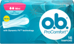 Imagem de uma embalagem de o.b.® ProComfort™ Mini. O produto tem duas gotículas, que indicam que é recomendado para os dias de fluxo ligeiro e as raparigas que estão a começar a utilizar tampões.
